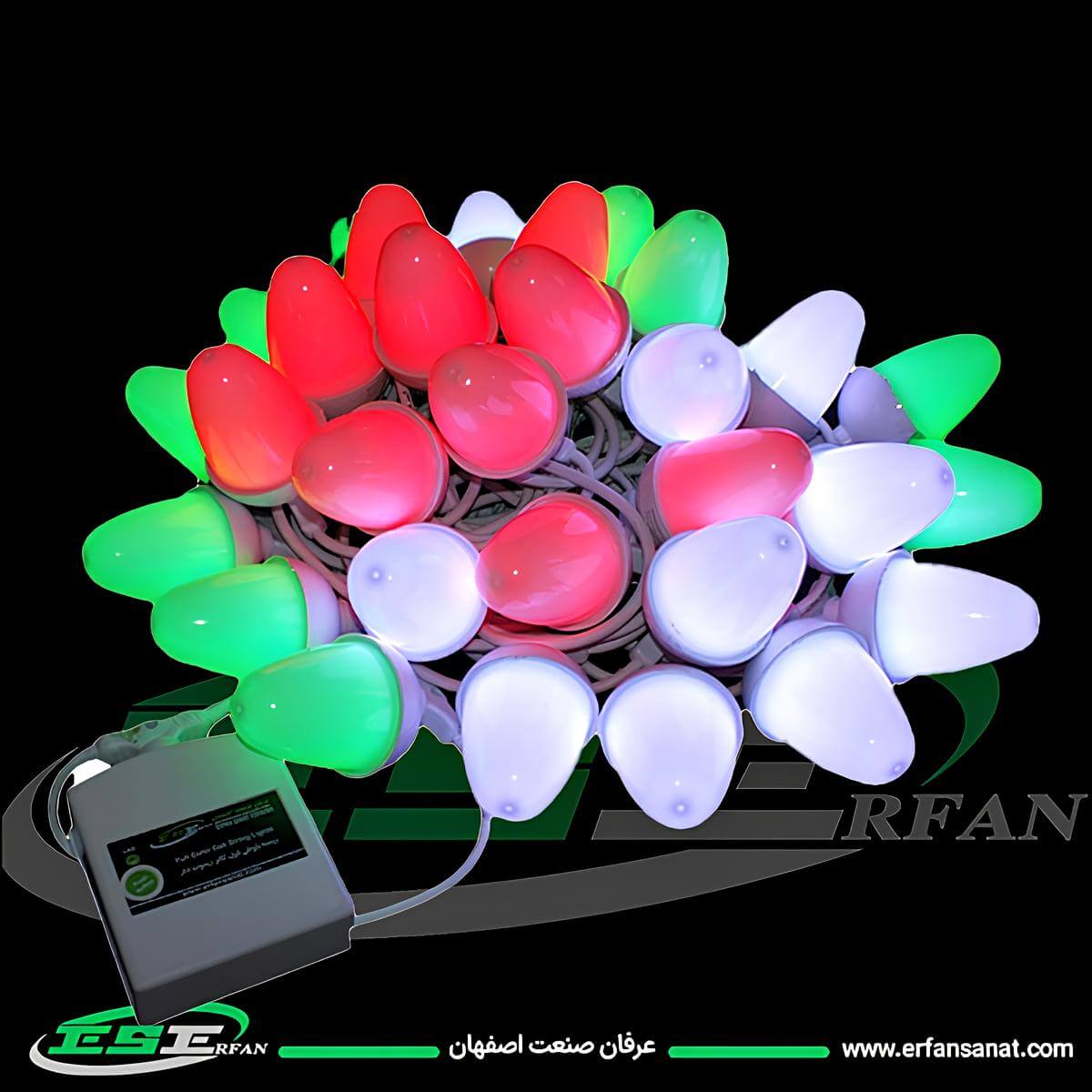 ریسه بلوطی فول کالر با رنگ های قرمز- سفید - سبز در حال نمایش افکت نوری همراه با باکس کنترل سر خود