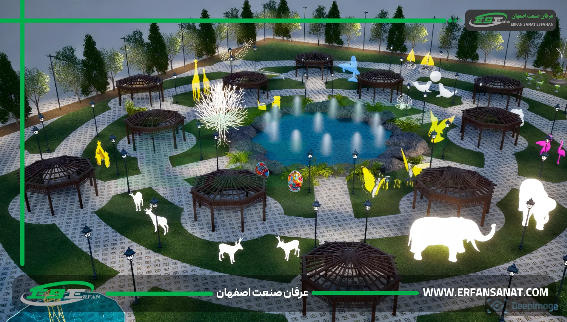 نمایی از پارک نوری تعاملی با المانهای نورپردازی مدرن